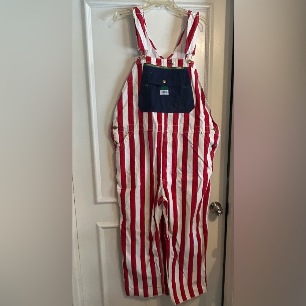 Liberty Overalls. Red and White stripes and Blue pockets.